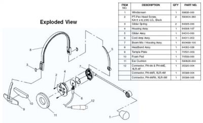 Telex PH44 PH88 Headset Spares Exploded Parts Diagram